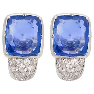 Pre-owned Boucheron French Ssef 24.00 Carat No Heat Sapphire Diamond Platinum Earrings In Blue