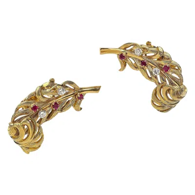 Pre-owned Boucheron Modern Vintage  Paris Clip On Diamond Ruby 18 Karat Gold Feathers In Multi