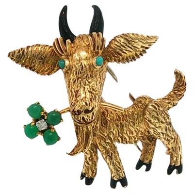 Pre-owned Boucheron Paris 18k Animal Brooch Goat Carrying Clover Yellow Gold