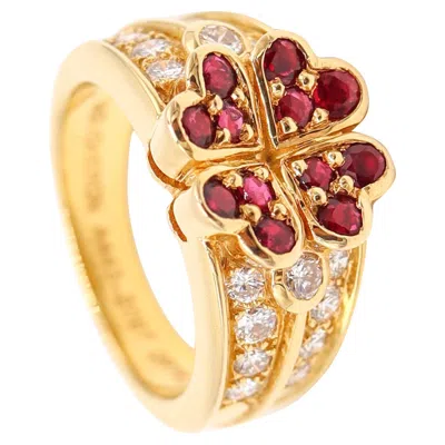 Pre-owned Boucheron Paris Clover Ring In 18kt Gold With 1.94 Ctw In Diamonds & Rubies In Multi