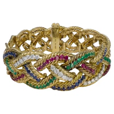 Pre-owned Boucheron Paris Emerald Ruby Diamond Braided Bracelet In 18k Yellow Gold