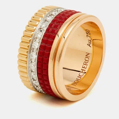 Pre-owned Boucheron Quatre Classique Red Edition Ceramic Diamonds 18k Three Tone Gold Ring Size 52