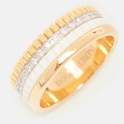 Pre-owned Boucheron Quatre Classique White Edition Diamonds Ceramic 18k Three Tone Gold Ring Size 52
