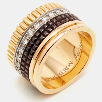 Pre-owned Boucheron Quatre Diamond Pvd Coated 18k Three Tone Gold Ring Size 51