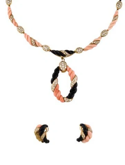 Pre-owned Boucheron Vintage 18k Coral, Onyx & Diamond Earrings And Convertible Pendant Necklace Set, 16" In Multi
