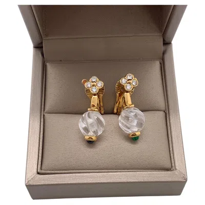 Pre-owned Boucheron Vintage 18k Gold Diamond Melon-ribbed Rock Crystal Drop Earrings In Multi