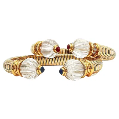 Pre-owned Boucheron Vintage  Pair Of Rock Crystal Sapphire Ruby Diamond 18k Bangle Cuff In Blue