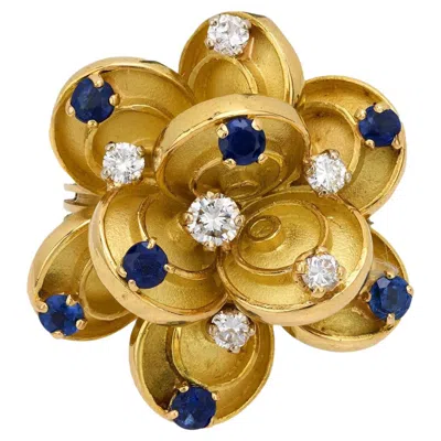 Pre-owned Boucheron Vintage  Paris 18k Gold Diamonds Sapphire Flower Ring In Blue