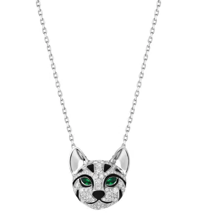 Boucheron White Gold, Diamond And Emerald Fuzzy, The Leopard Cat Pendant Necklace In Silver
