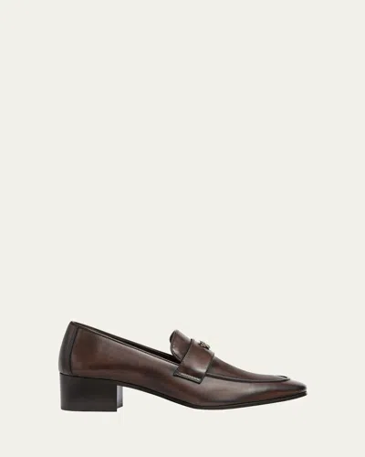 Bougeotte Brushed Leather Medallion Heeled Loafers In Brown