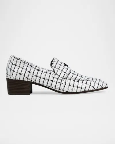 Bougeotte Flaneur Bicolor Tweed Heeled Loafers In White/black