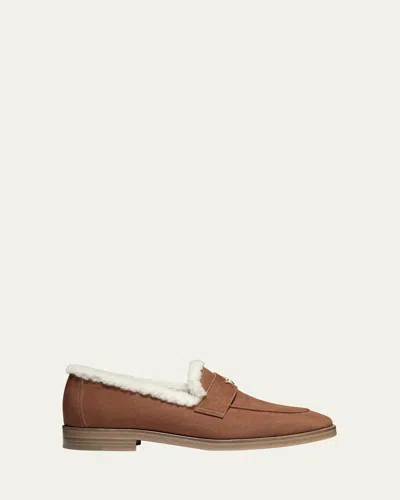Bougeotte Flaneur Lofty Shearling-lined Suede Penny Loafers In Brown