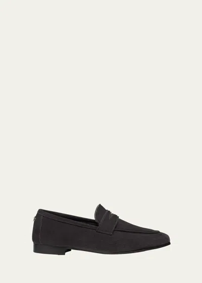 Bougeotte Flaneur Suede Shearling Penny Loafers In Dark Grey