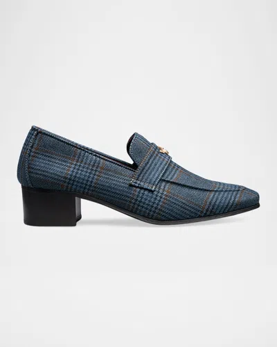 Bougeotte Plaid Wool Block-heel Penny Loafers In Blue