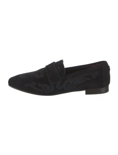 Pre-owned Bougeotte Suede Embroidered Accent Loafers In Black