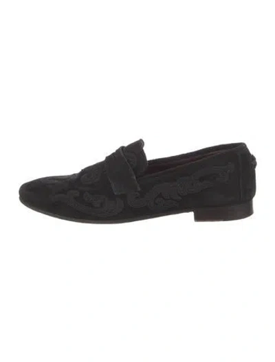 Pre-owned Bougeotte Suede Embroidered Accent Loafers In Black
