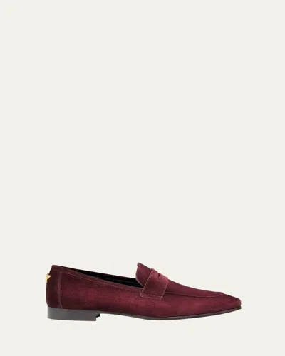 Bougeotte Suede Flaneur Penny Loafers In Burgundy