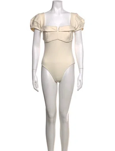 Pre-owned Bouguessa Square Neckline Short Sleeve Bodysuit In Neutrals