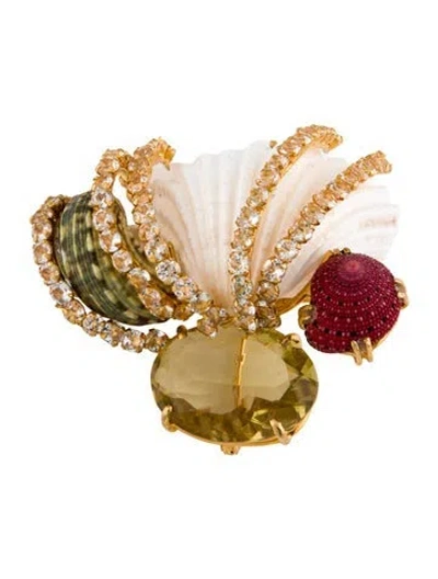 Pre-owned Bounkit Coral, Crystal & Glass Pin Brooch In Multi