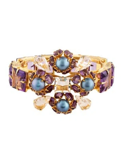 Pre-owned Bounkit Dyed Pearl & Multicolor Stone Cuff Bracelet, 6.25" In Clear/purple