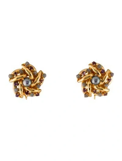 Pre-owned Bounkit Dyed Pearl & Stone Earclip Earrings In Multi