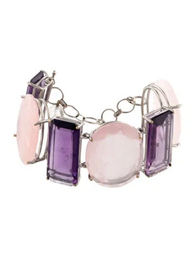 Pre-owned Bounkit Multistone Station Link Bracelet, 8" In Clear/pink/purple