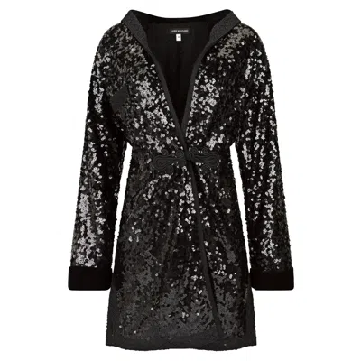 Boutique Kaotique Women's Long Black Sequin Vest With Velvet Hood