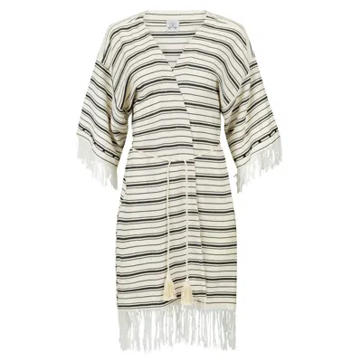 Boutique Kaotique Women's White Handmade Moroccan Beach Cover Up Black Stripes
