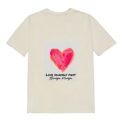 Boutique Kaotique Women's White / Pink / Purple Love Yourself First Off-white Organic Cotton Tee. In White/pink/purple