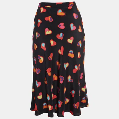 Pre-owned Boutique Moschino Black Heart Print Silk Flared Midi Skirt S