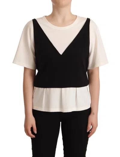 Pre-owned Boutique Moschino Black White Polyester Short Sleeves Top Women's Blouse () In Multi