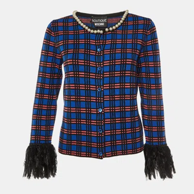 Pre-owned Boutique Moschino Blue Checked Knit Button Front Fringed Cardigan M