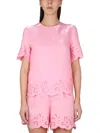 Boutique Moschino Chic Round Neck Top With Back Button Closure In Pink