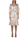 Boutique Moschino Floral Pattern Mini Dress With Boat Neckline And Balloon Sleeves In Multicolour