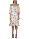 Boutique Moschino Floral Pattern Mini Dress With Boat Neckline And Balloon Sleeves In Multicolour
