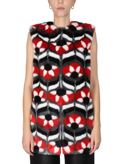 Boutique Moschino Faux Fur Vest With Geometric Flower In Multi