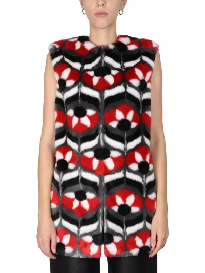 Boutique Moschino Faux Fur Vest With Geometric Flower In Multi