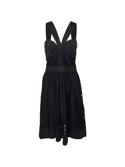 Pre-owned Boutique Moschino Lace Gathered-neck Midi Dress In Black