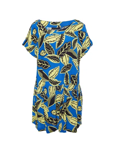 Pre-owned Boutique Moschino Leaf-print Shirred Mini Dress In Blue