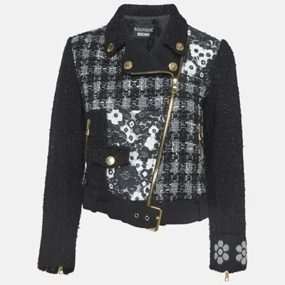 Pre-owned Boutique Moschino Monochrome Jacquard Trim Tweed Zipper Jacket M In Black