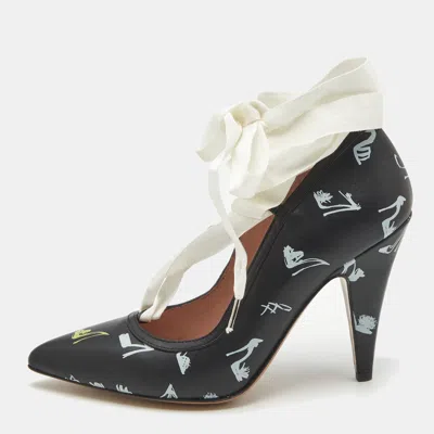 Pre-owned Boutique Moschino Printed Black Leather Ankle Wrap Pumps Size 37