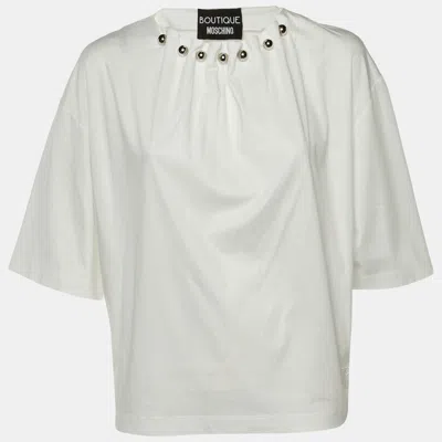 Pre-owned Boutique Moschino White Cotton Knit Pleated Neck T-shirt M