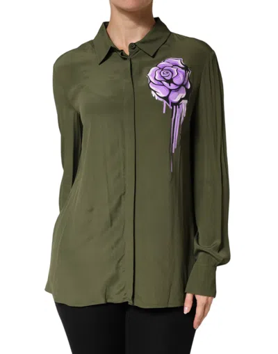 Pre-owned Boutique Moschino Women's Green Acetate Collared Long Sleeves Floral Women's Top ()