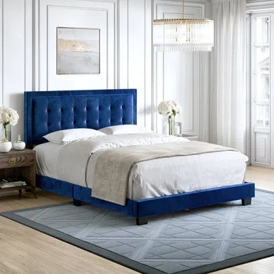 Boyd Sleep Pisa Velvet Upholstered Platform Bed Frame With Adjustable Headboard, Solid Wood Beam Support System In Blue