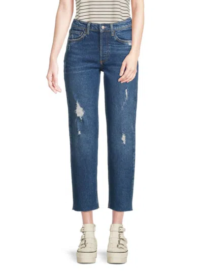 Boyish Women's Tommy High Rise Distressed Straight Jeans In Runaway Blue