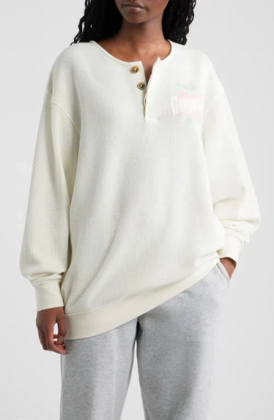 Boys Lie Breakfast Beers Graphic Waffle Knit Henley Sweatshirt In White