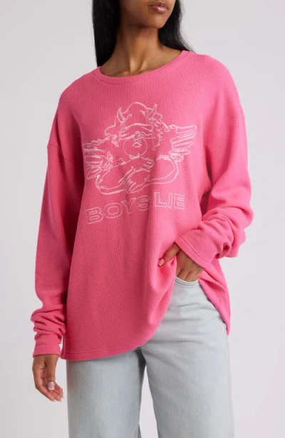 Boys Lie Don't Test Me Thermal Knit Top In Pink