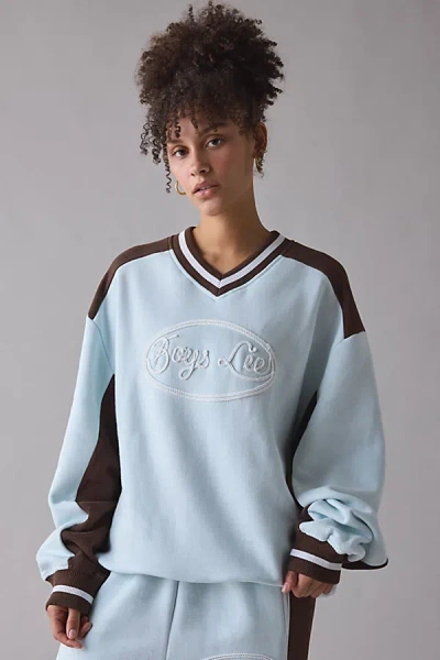 Boys Lie Hayley Lasso'd Up Embroidered Graphic V-neck Pullover Top In Light Blue, Women's At Urban Outfitters