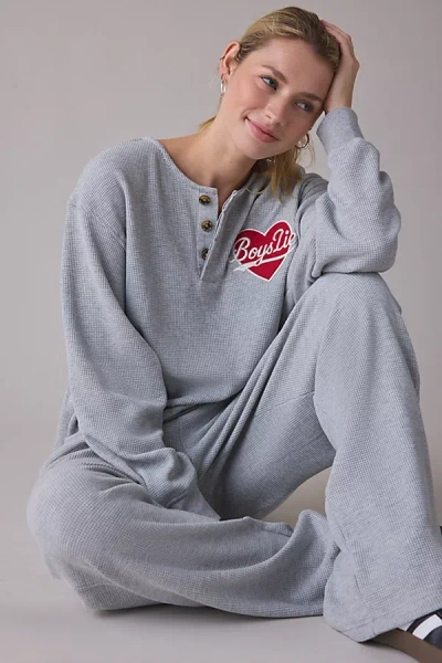 Boys Lie Signature Embroidered Graphic K-crewneck Thermal Pullover Top In Grey, Women's At Urban Outfitters In Gray