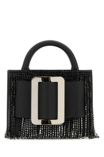 BOYY BLACK LEATHER BOBBY 18 CRYSTAL FLAPPER HANDBAG